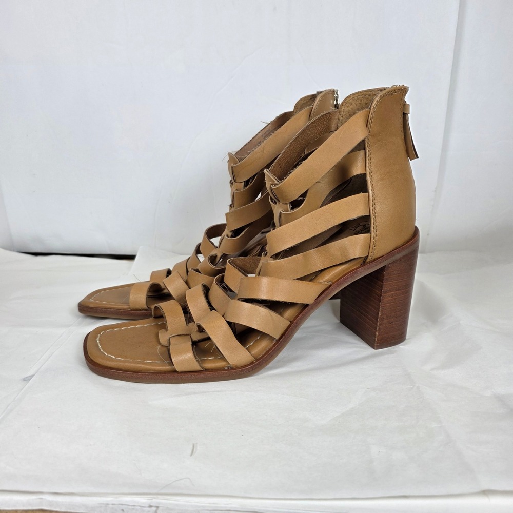 Sofft Tan Leather Caged Gladiator Block Heel Sandals Square Toe chic Size 10M